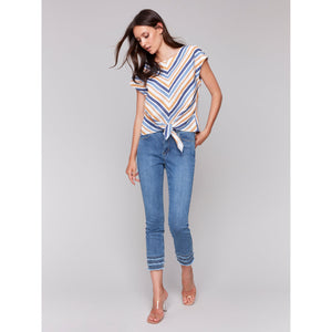 STRIPED CAP SLEEVE FRONT TIE TOP-Tops-CHARLIE B-Coriander