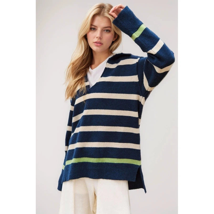 STRIPED V-NECK SWEATER-Jackets & Sweaters-DAVI & DANI-SMALL-INK-Coriander