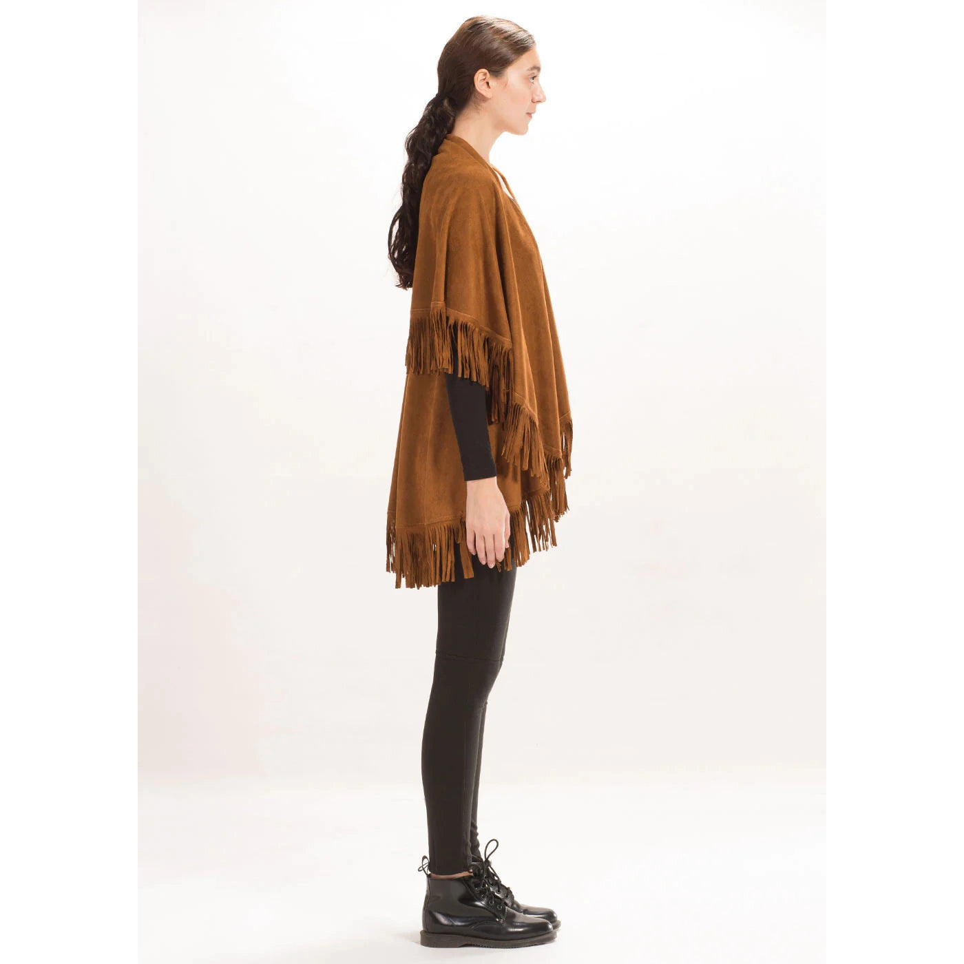 SUEDEY FRINGE SHAWL VEST-Jackets & Sweaters-LOOK BY M-Coriander