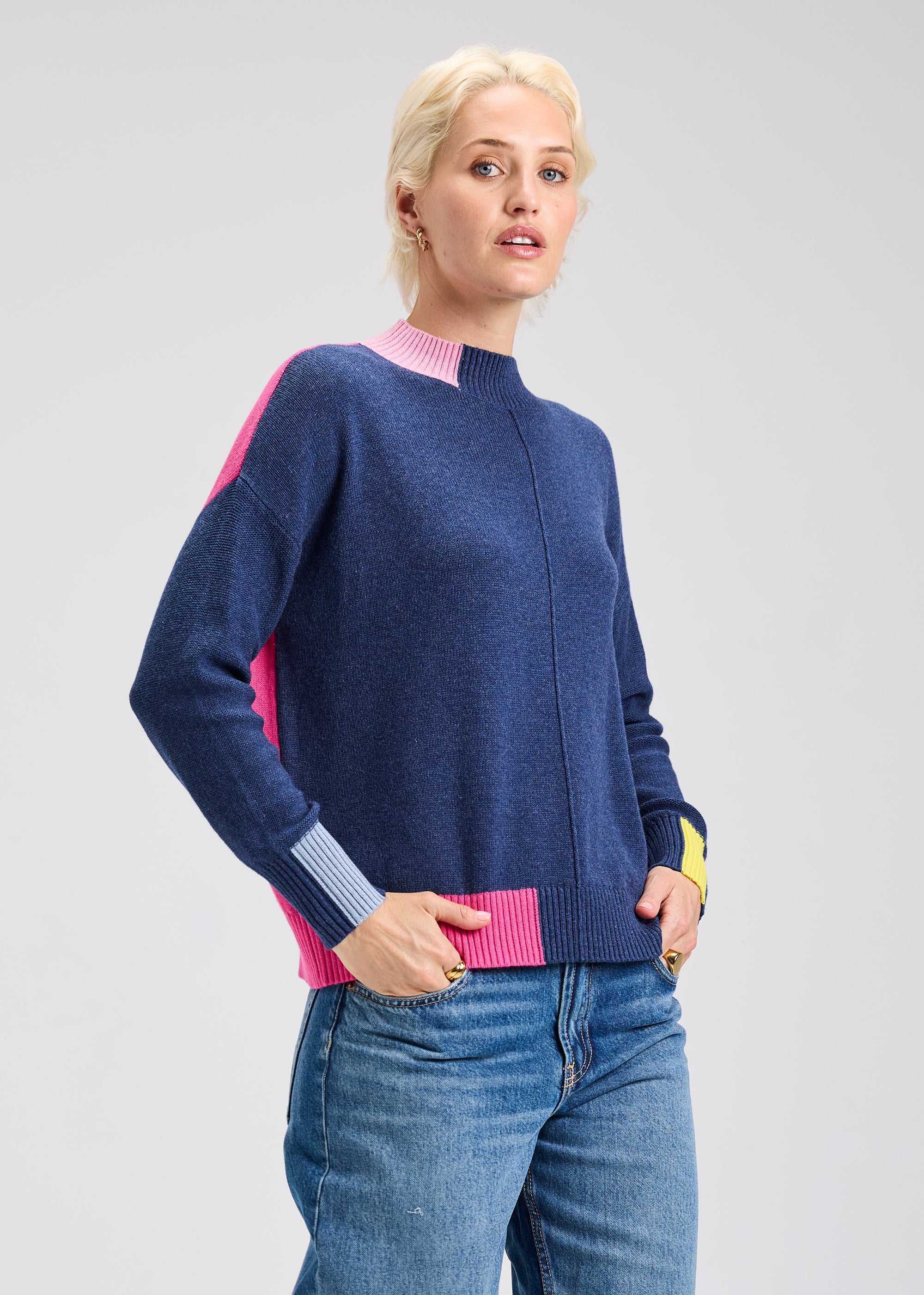 SWEATER | COLOUR BLOCK TRIM SWEATER-Jackets & Sweaters-ZAKET & PLOVER-XSMALL-DENIM-Coriander