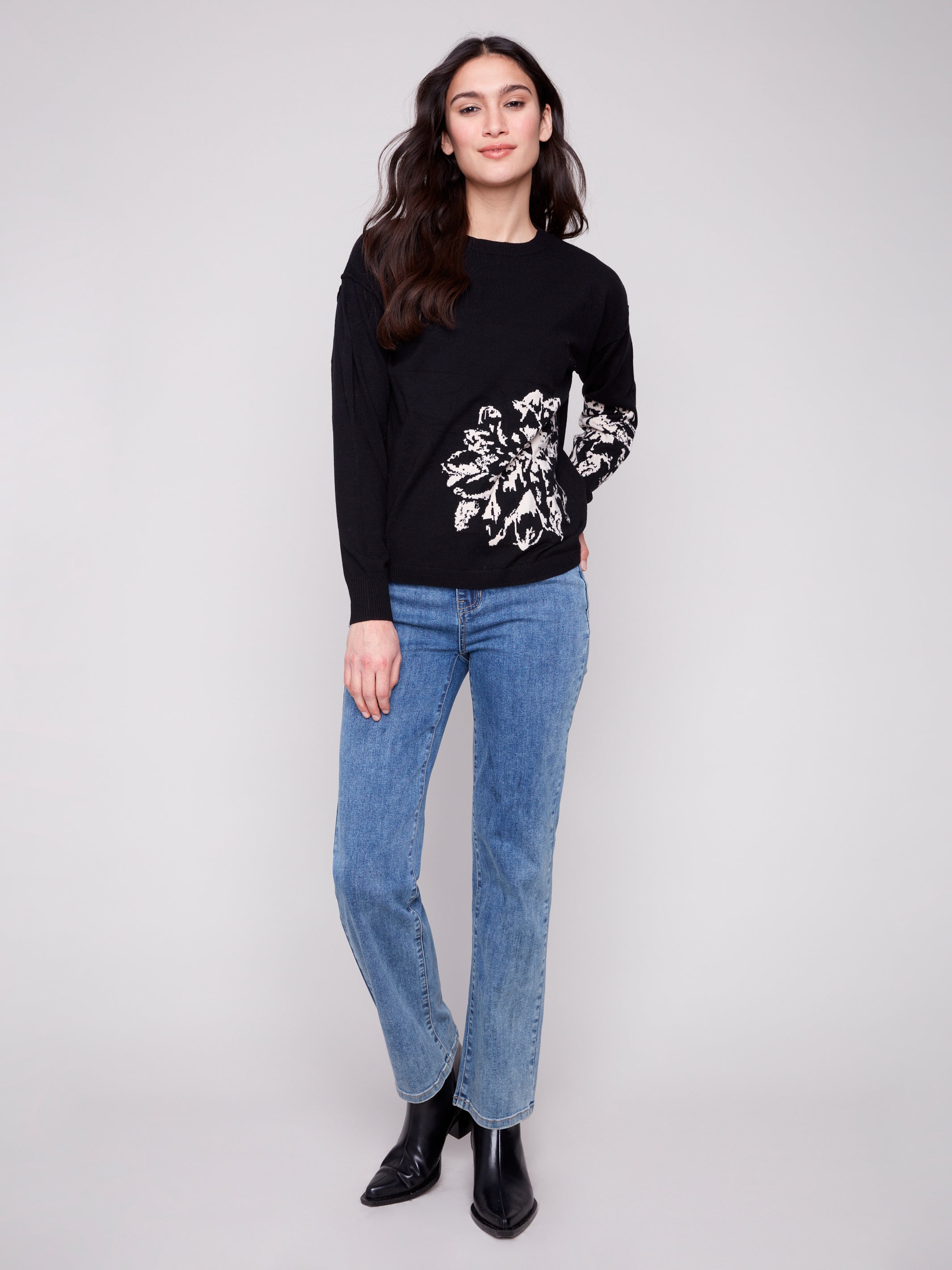 SWEATER | PLACED JACQUARD CREW NECK: BLACK-Jackets & Sweaters-CHARLIE B-Coriander