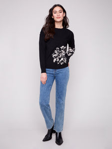 SWEATER | PLACED JACQUARD CREW NECK: BLACK-Jackets & Sweaters-CHARLIE B-Coriander