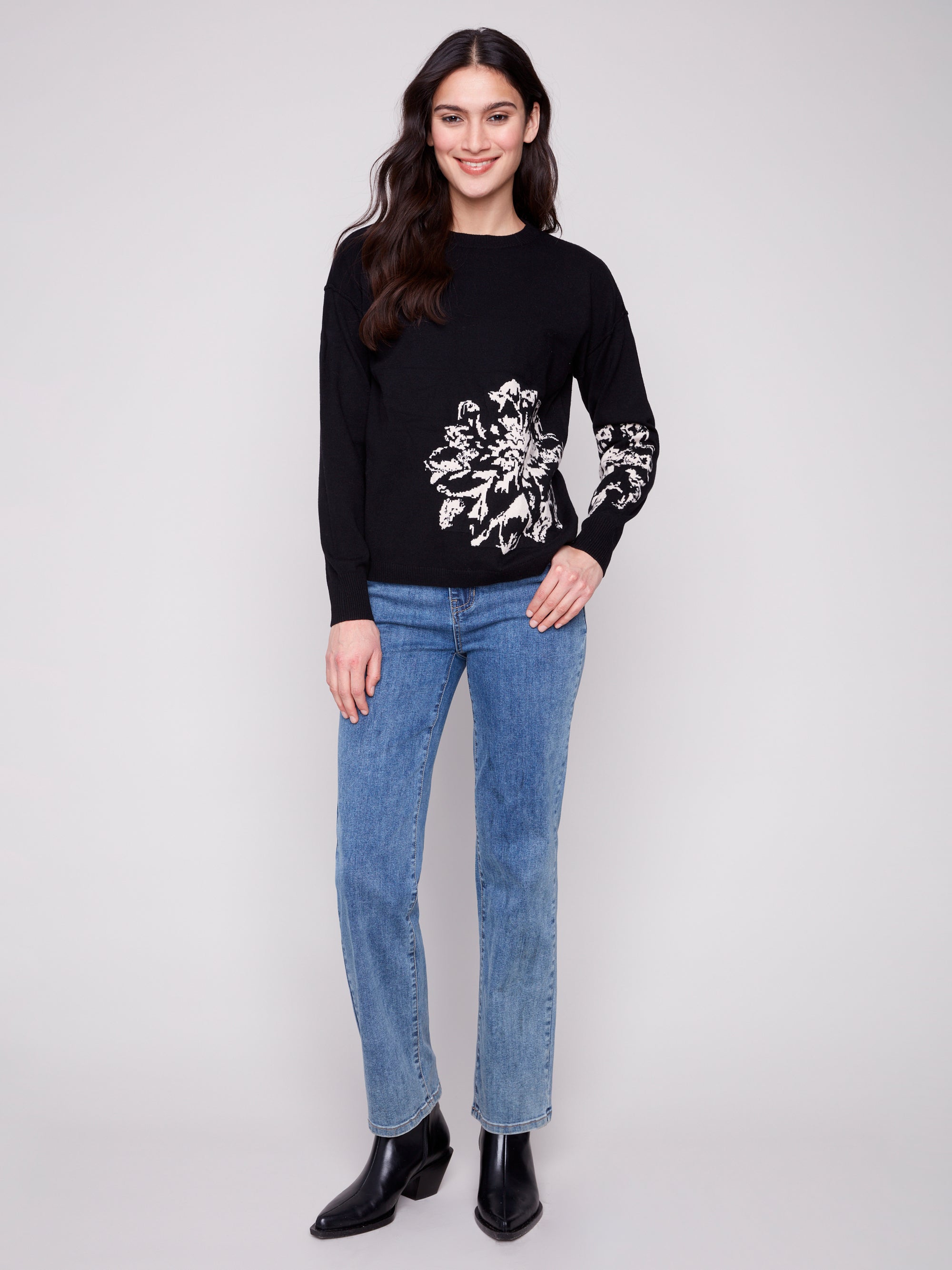 SWEATER | PLACED JACQUARD CREW NECK: BLACK-Jackets & Sweaters-CHARLIE B-Coriander
