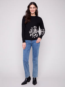 SWEATER | PLACED JACQUARD CREW NECK: BLACK-Jackets & Sweaters-CHARLIE B-Coriander