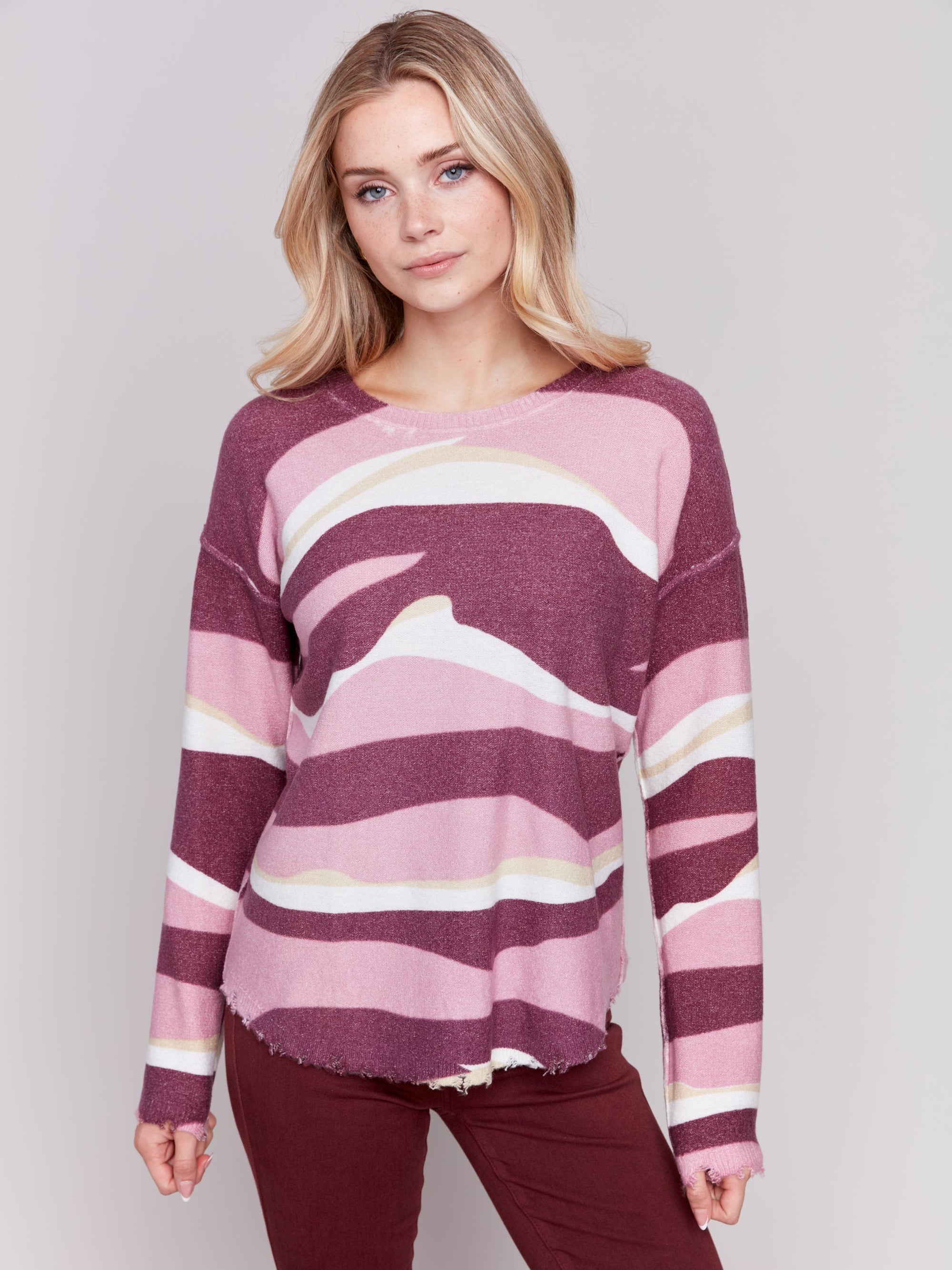 SWEATER | REVERSIBLE RAW EDGE PLUSHY CREW-Jackets & Sweaters-CHARLIE B-XSMALL-BURGANDY-Coriander