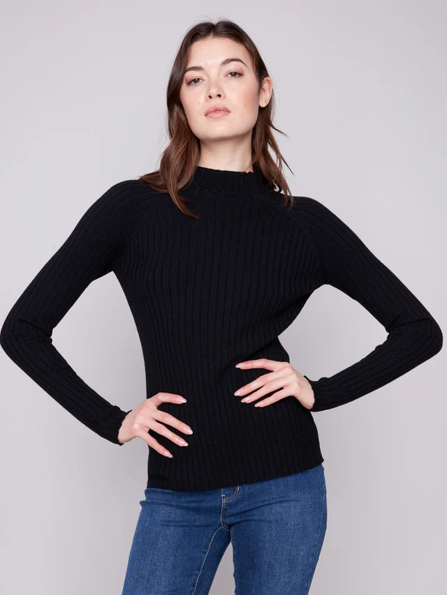 SWEATER | RIBBED KNIT MOCK NECK-Jackets & Sweaters-CHARLIE B-SMALL-Black-Coriander