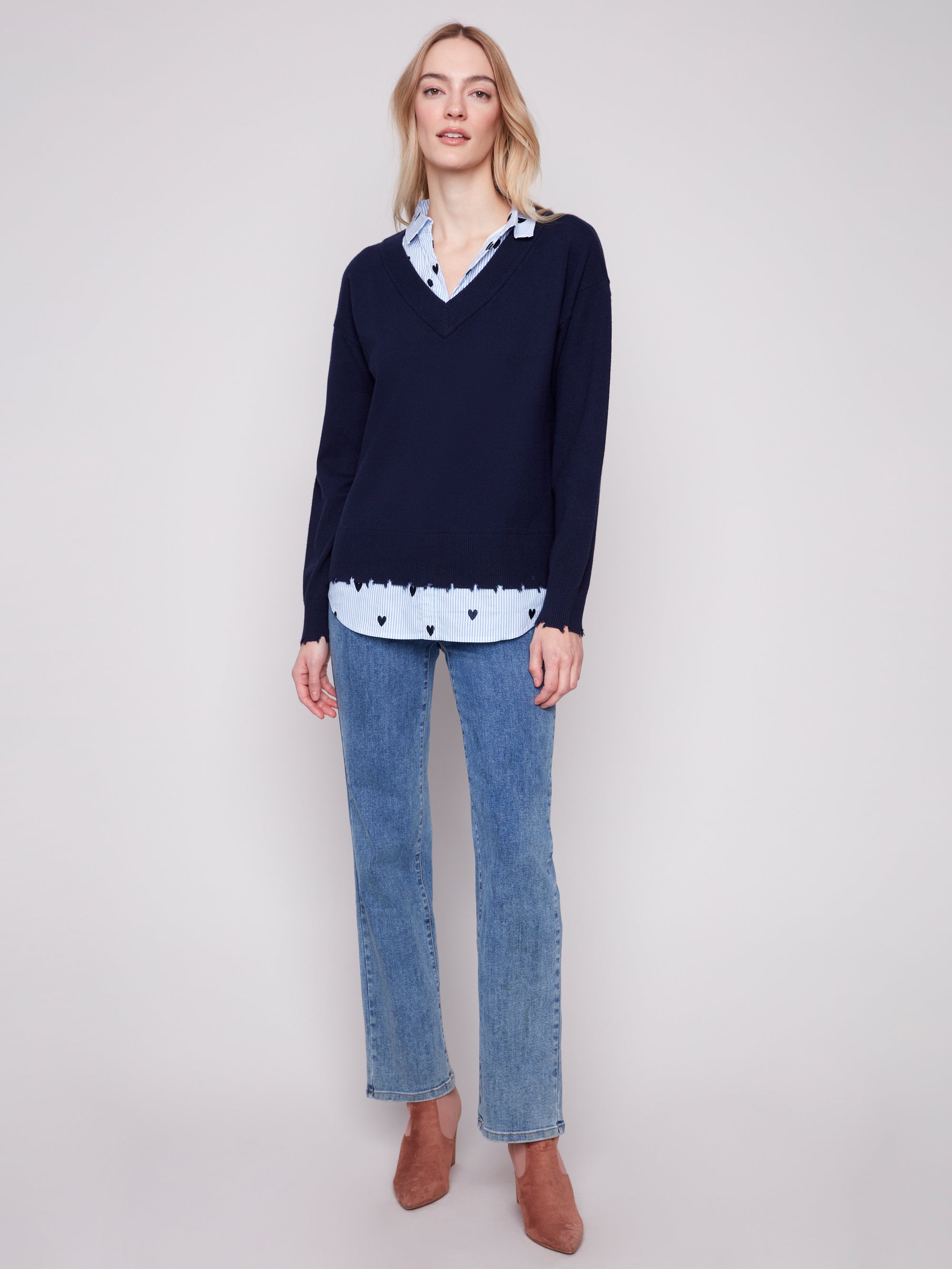 SWEATER | V-NECK FOOLER WITH POPLIN SHIRT COLLAR-Jackets & Sweaters-CHARLIE B-Coriander