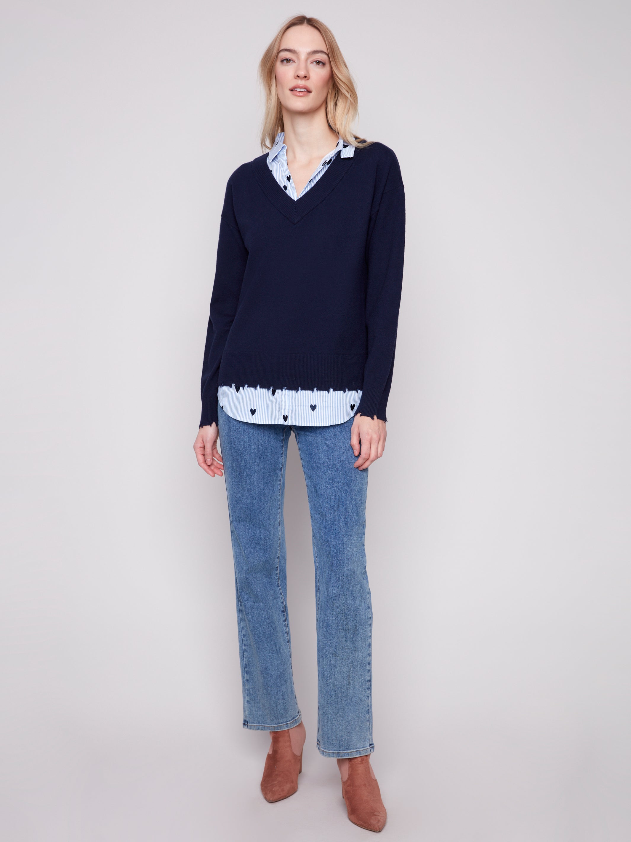 SWEATER | V-NECK FOOLER WITH POPLIN SHIRT COLLAR-Jackets & Sweaters-CHARLIE B-Coriander