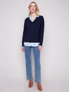 SWEATER | V-NECK FOOLER WITH POPLIN SHIRT COLLAR-Jackets & Sweaters-CHARLIE B-Coriander