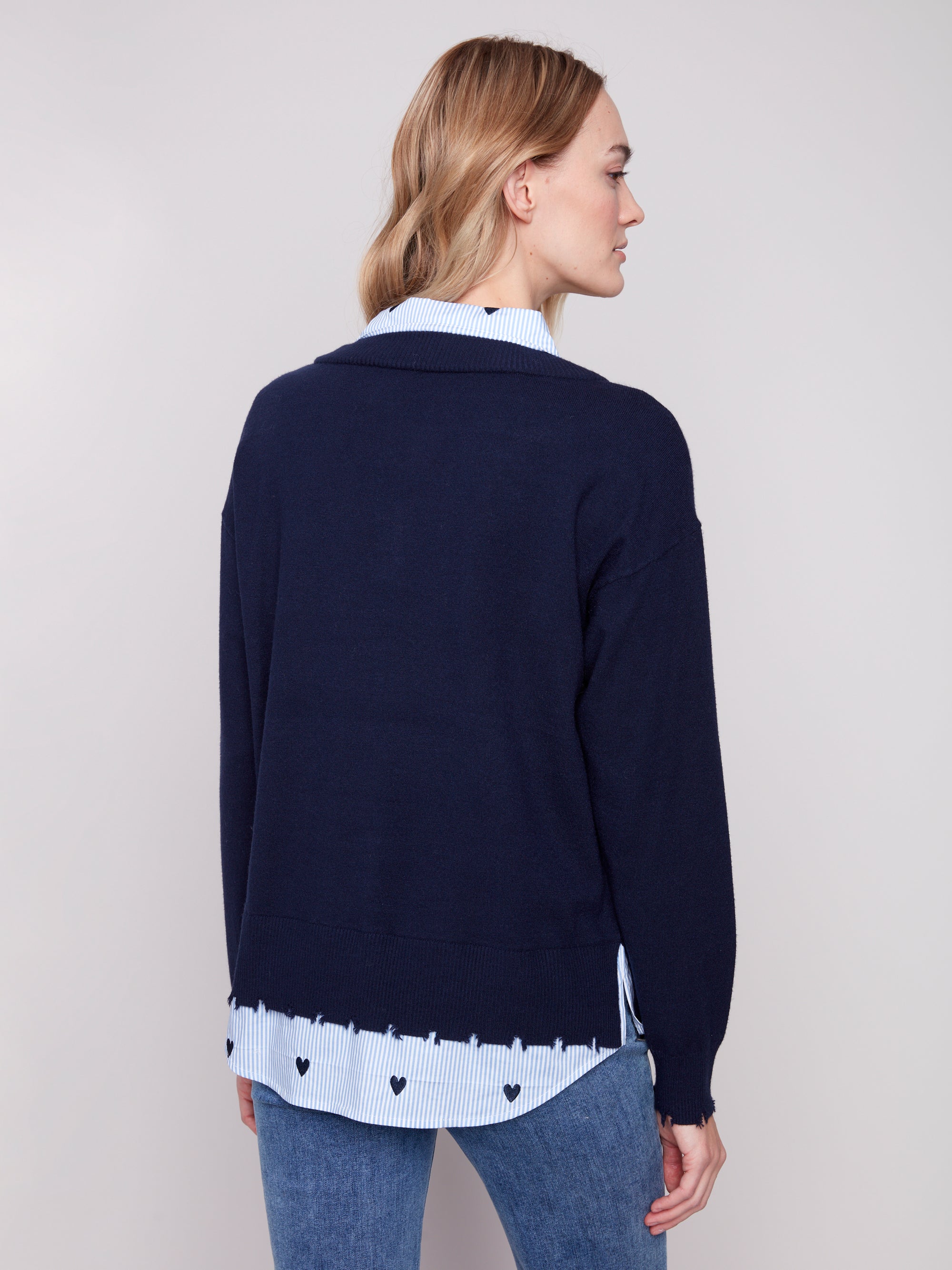 SWEATER | V-NECK FOOLER WITH POPLIN SHIRT COLLAR-Jackets & Sweaters-CHARLIE B-Coriander