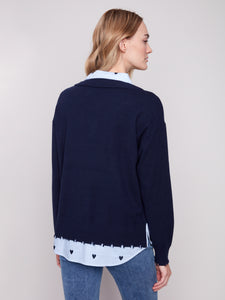 SWEATER | V-NECK FOOLER WITH POPLIN SHIRT COLLAR-Jackets & Sweaters-CHARLIE B-Coriander