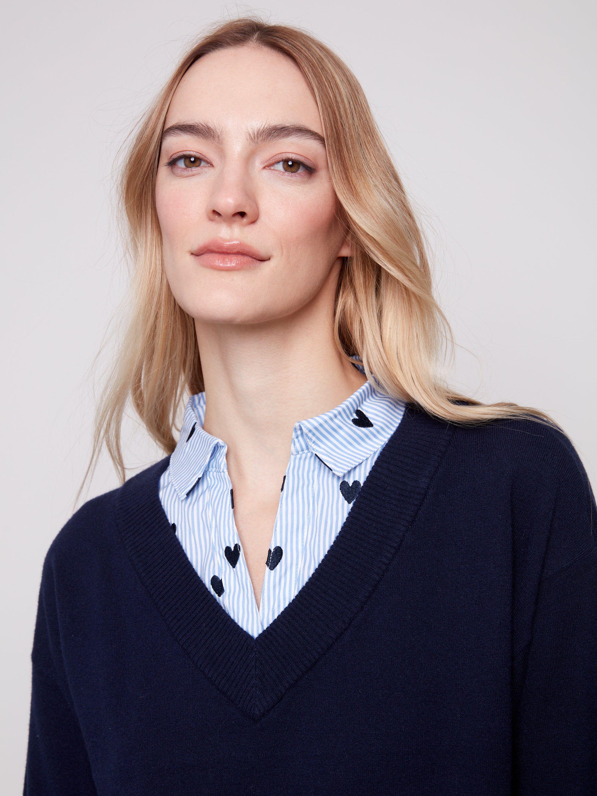 SWEATER | V-NECK FOOLER WITH POPLIN SHIRT COLLAR-Jackets & Sweaters-CHARLIE B-Coriander