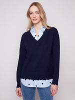 SWEATER | V-NECK FOOLER WITH POPLIN SHIRT COLLAR-Jackets & Sweaters-CHARLIE B-XSMALL-NAVY-Coriander