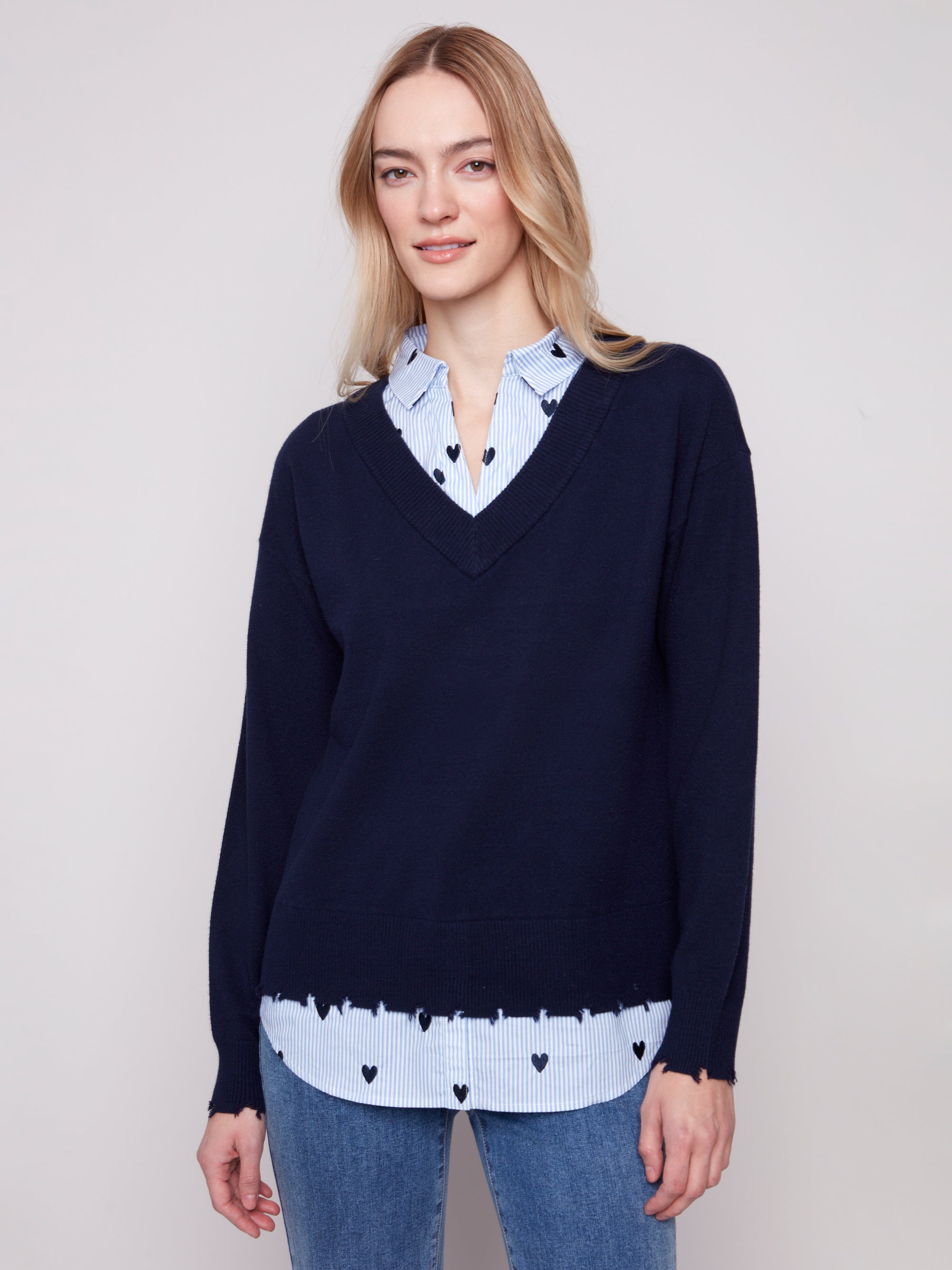 SWEATER | V-NECK FOOLER WITH POPLIN SHIRT COLLAR-Jackets & Sweaters-CHARLIE B-XSMALL-NAVY-Coriander