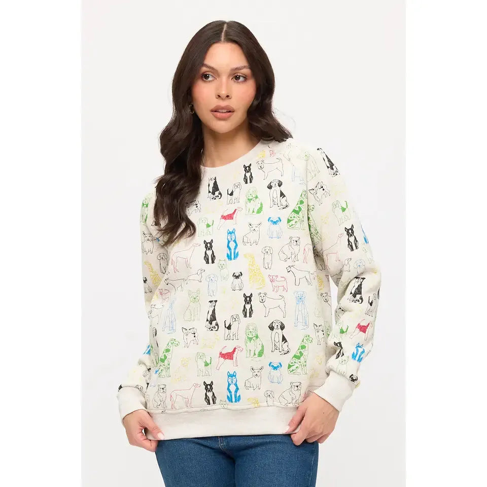SWEATSHIRT | COLOURFUL GRAPHIC DOGS PRINT-Tops-SM WARDROBE-SMALL-Coriander