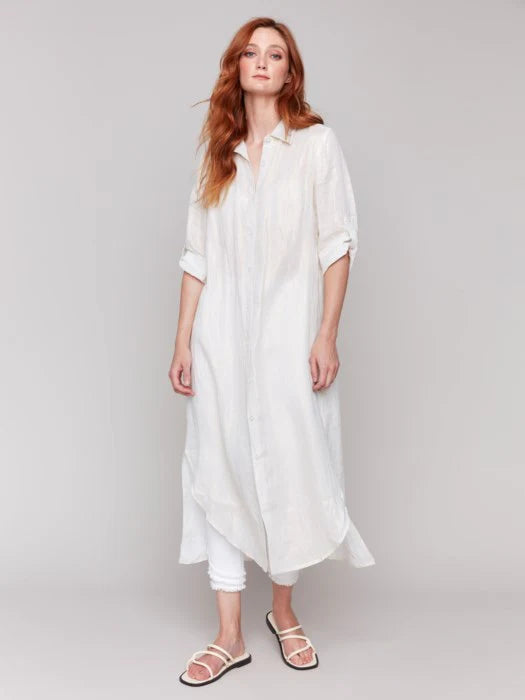 TAB SLEEVE BUTTON FRONT LONG DRESS-Dress-CHARLIE B-Coriander