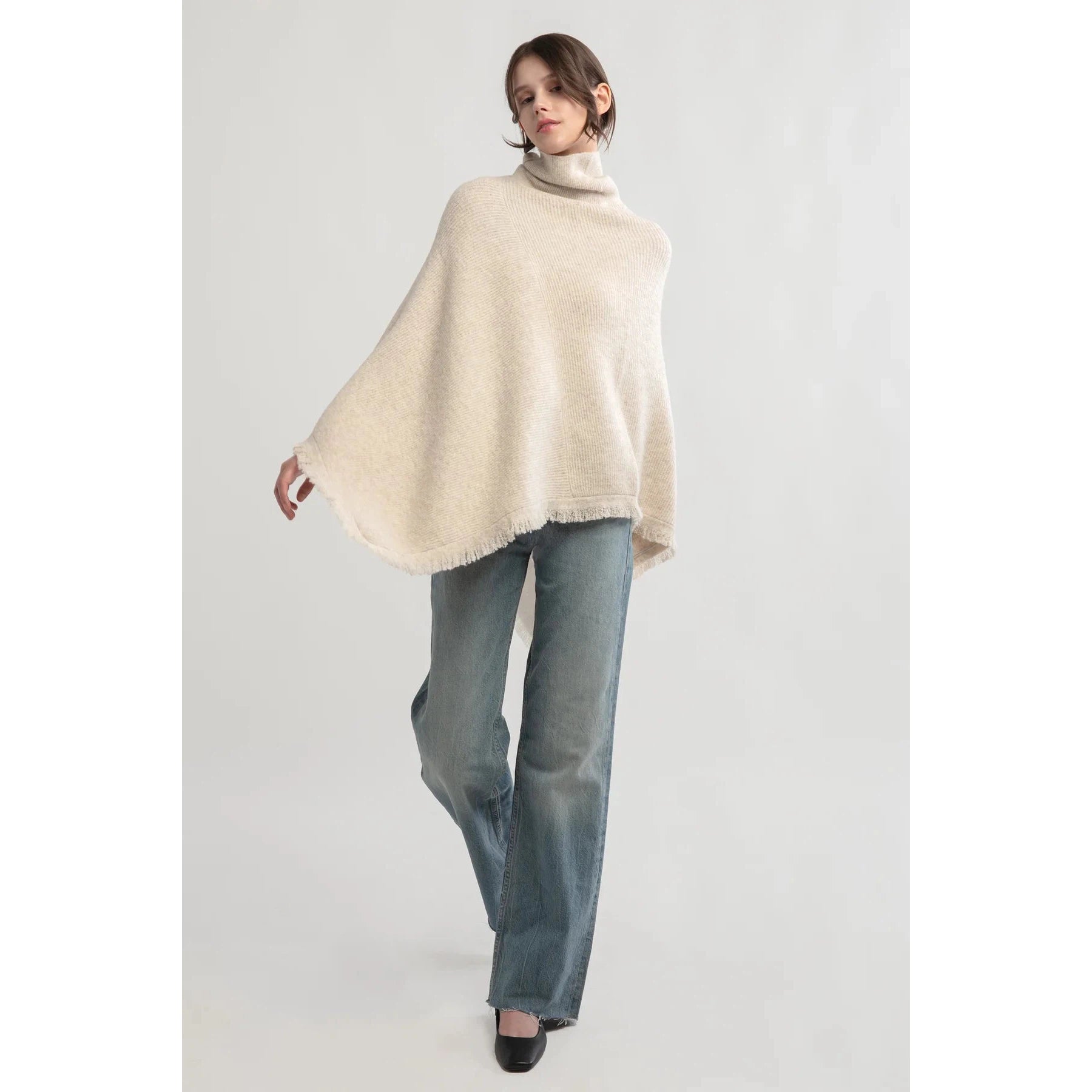 TASSEL EDGE KNIT PONCHO-Jackets & Sweaters-LOOK BY M-Coriander