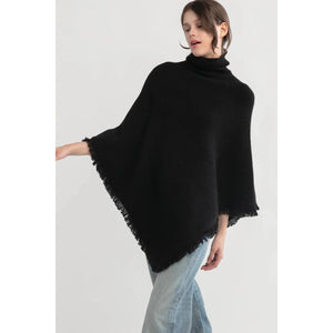 TASSEL EDGE KNIT PONCHO-Jackets & Sweaters-LOOK BY M-BLACK-Coriander