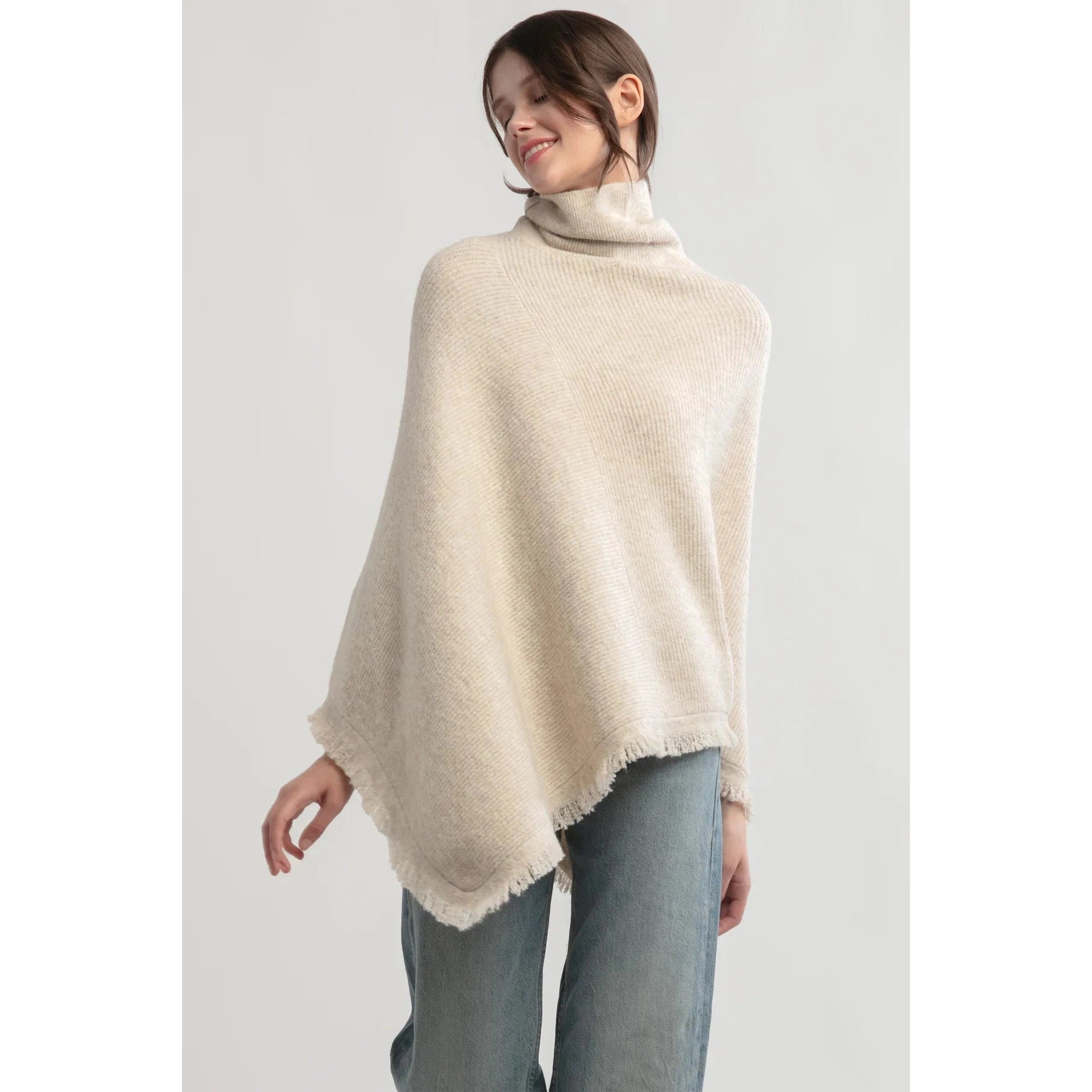 TASSEL EDGE KNIT PONCHO-Jackets & Sweaters-LOOK BY M-TAN-Coriander