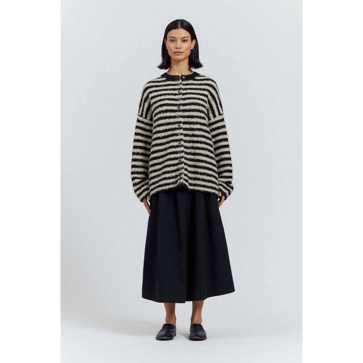 TEXTURED STRIPE CARIDGAN-Jackets & Sweaters-THERE-ELSEWHERE-SMALL-Black-Coriander