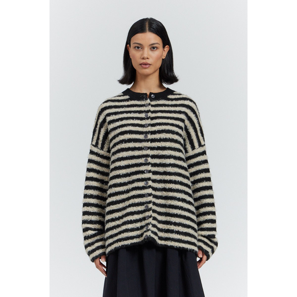 TEXTURED STRIPE CARIDGAN-Jackets & Sweaters-THERE-ELSEWHERE-SMALL-Black-Coriander