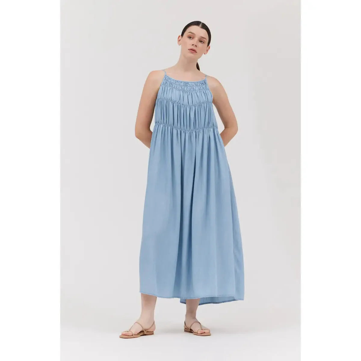 TIER DRESS | CHAMBRAY SMOCK-Dress-GRADE AND GATHER-SMALL-LIGHT WASH-Coriander
