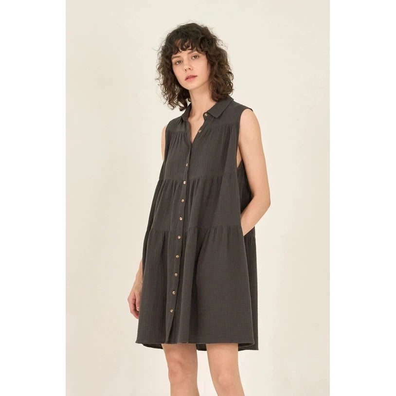 TIERED GAUZE SLEEVELESS DRESS-Dresses-GRADE AND GATHER-SMALL-FADED BLACK-Coriander