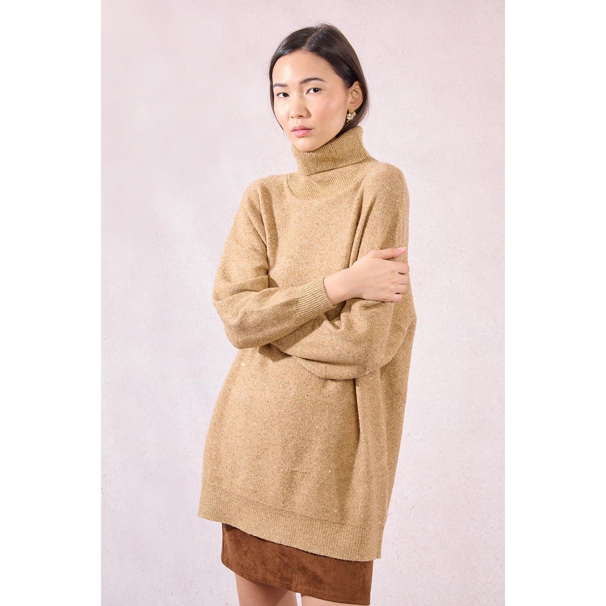 TURTLENECK SWEATER | SEQUIN TUNIC-Jackets & Sweaters-MOLLY BRACKEN-SMALL-Beige-Coriander