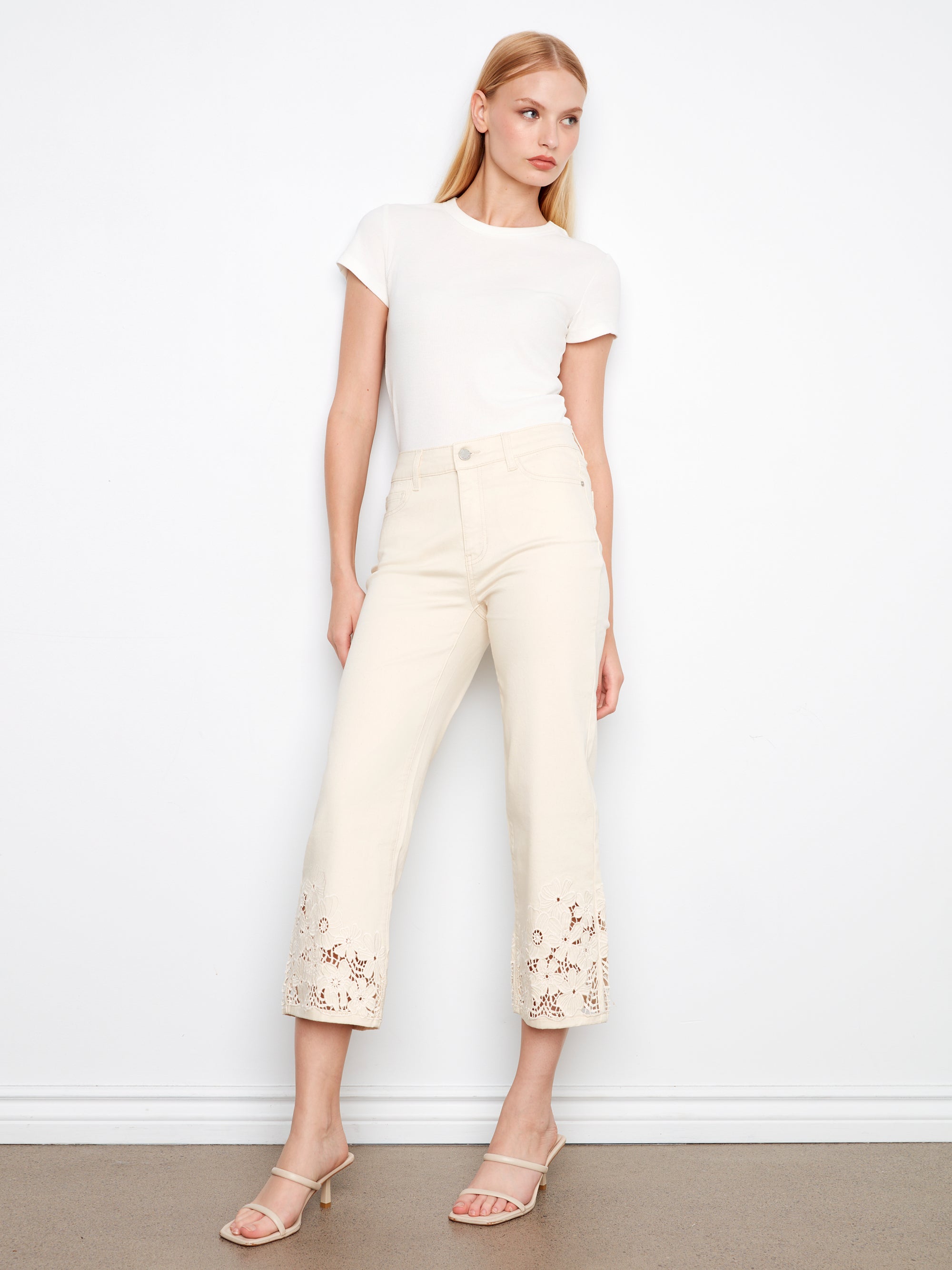 TWILL PANTS | FLORAL LACE HEM-Denim-CHARLIE B-Coriander