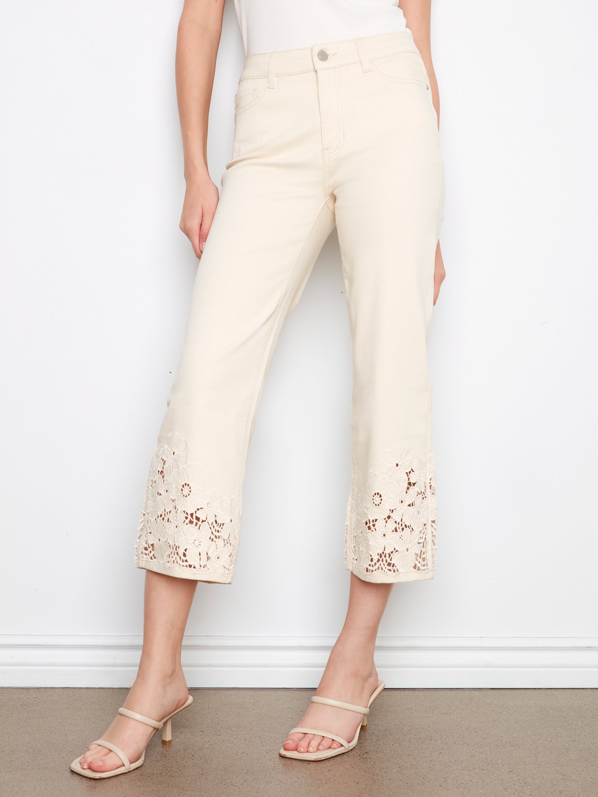 TWILL PANTS | FLORAL LACE HEM-Denim-CHARLIE B-Coriander