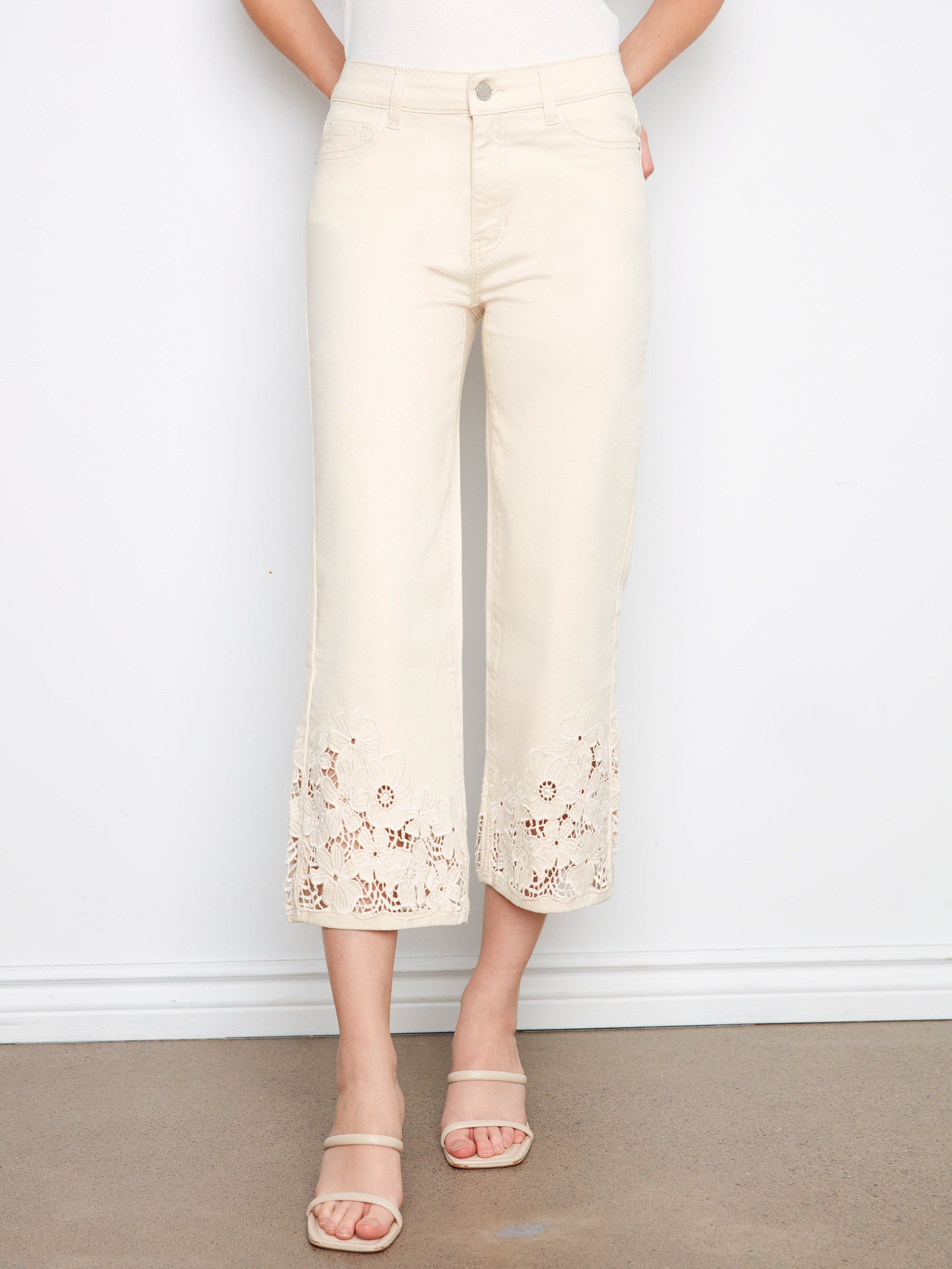 TWILL PANTS | FLORAL LACE HEM-Denim-CHARLIE B-Coriander