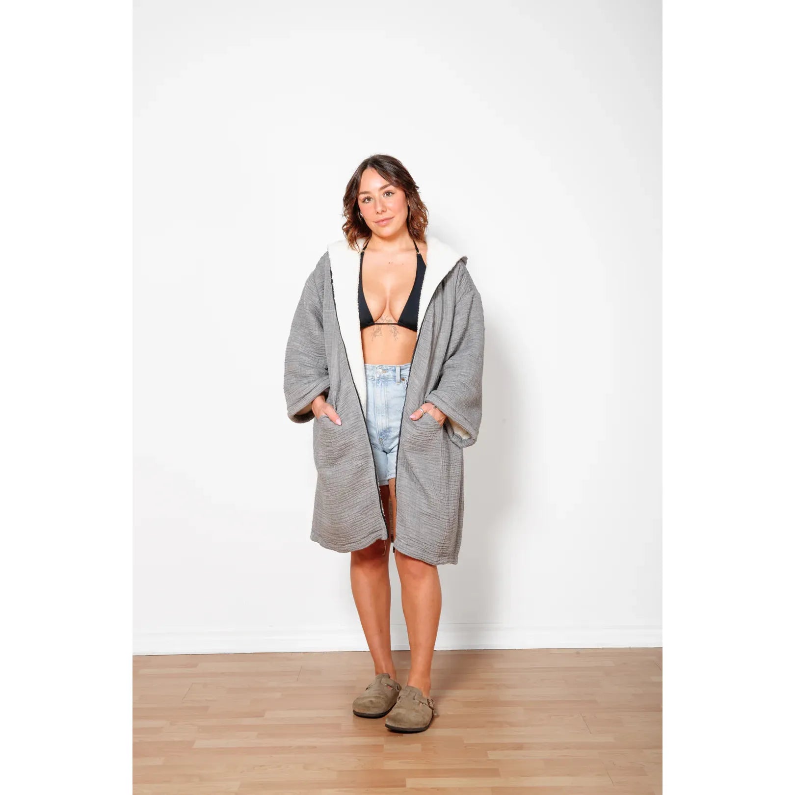 UNISEX FLEECE-LINED MUSLIN ZIP PONCHO | THE POLAR-Sweaters & Jackets-TOFINO TOWEL-Coriander