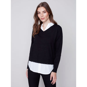 V NECK FOOLER SWEATER-Jackets & Sweaters-CHARLIE B-SMALL-Black-Coriander