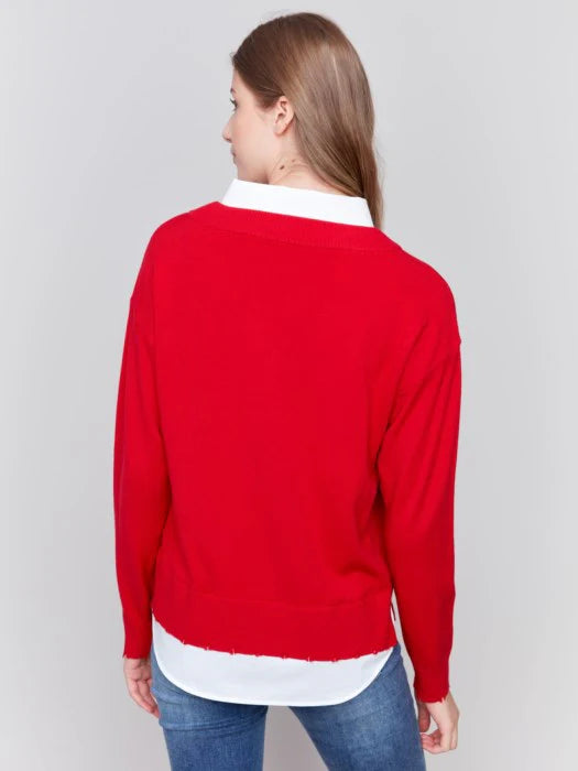 V-NECK FOOLER SWEATER FRAYED-Shirts & Tops-CHARLIE B-Coriander