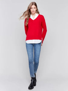 V-NECK FOOLER SWEATER FRAYED-Shirts & Tops-CHARLIE B-Coriander