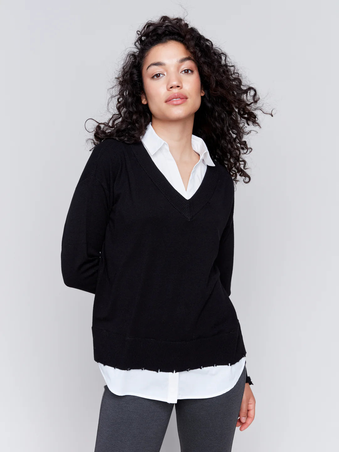 V-NECK FOOLER SWEATER FRAYED-Shirts & Tops-CHARLIE B-XSMALL-Black-Coriander