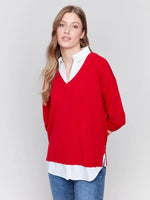 V-NECK FOOLER SWEATER FRAYED-Shirts & Tops-CHARLIE B-XSMALL-CRANBERRY-Coriander