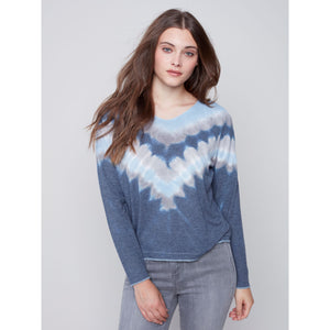 V-NECK LONG SLEEVE TIE DYE TEE - DENIM-Tops-CHARLIE B-Coriander