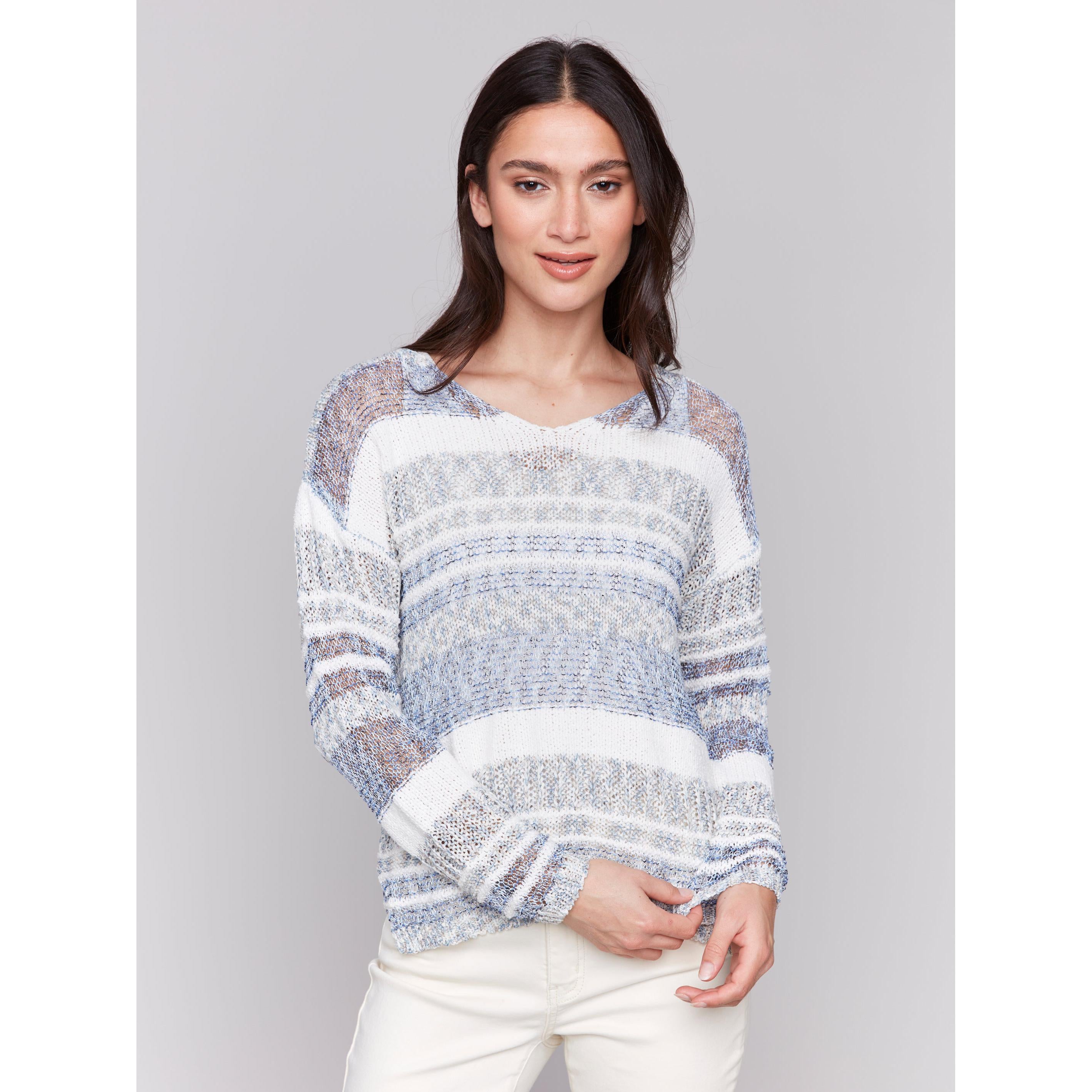 V-NECK NOVELTY YARN SWEATER-Jackets & Sweaters-CHARLIE B-SMALL-DENIM-Coriander