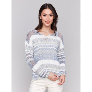 V-NECK NOVELTY YARN SWEATER-Jackets & Sweaters-CHARLIE B-SMALL-DENIM-Coriander