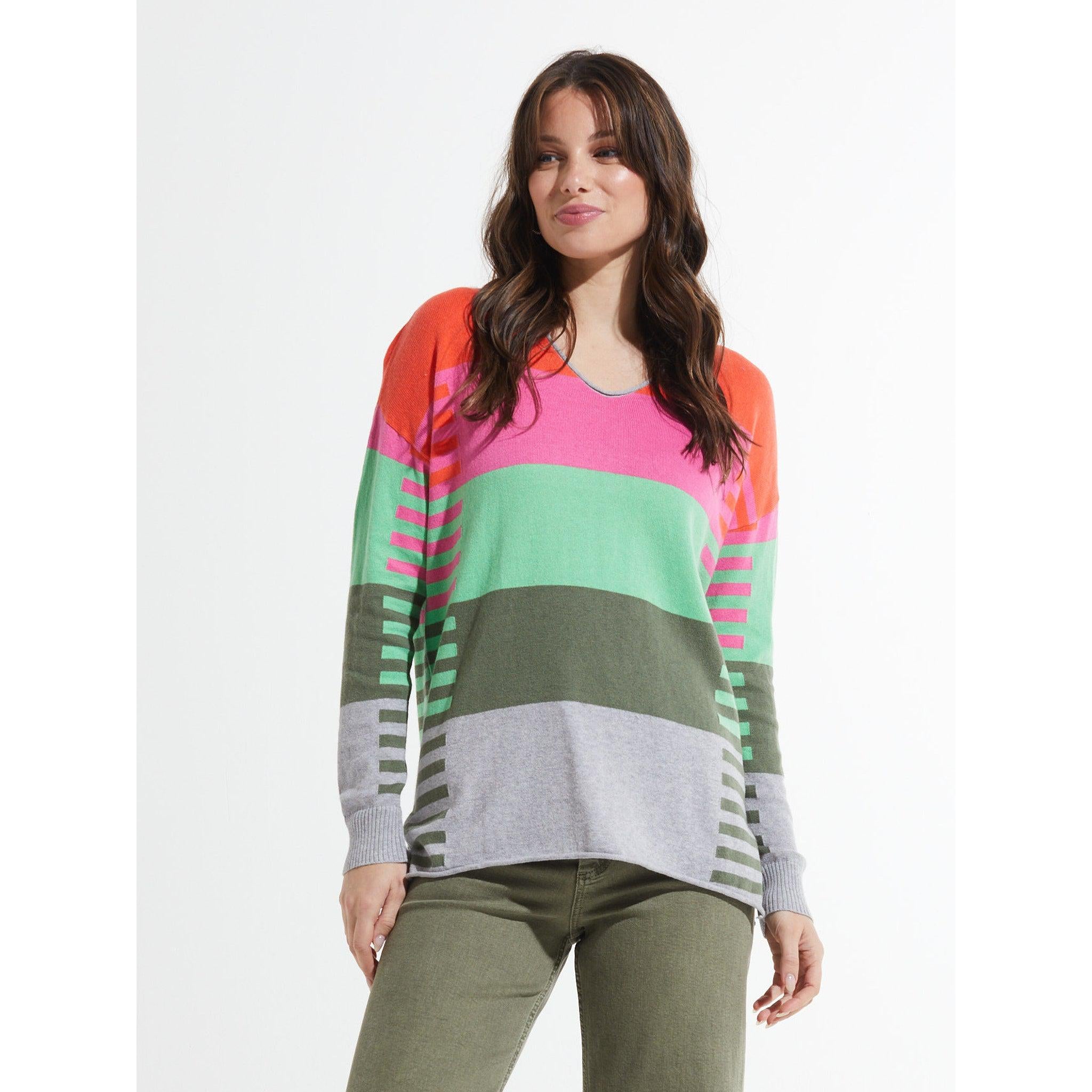 VARIED STRIPE V-NECK SWEATER-Jackets & Sweaters-ZAKET & PLOVER-XSMALL-CORAL-Coriander