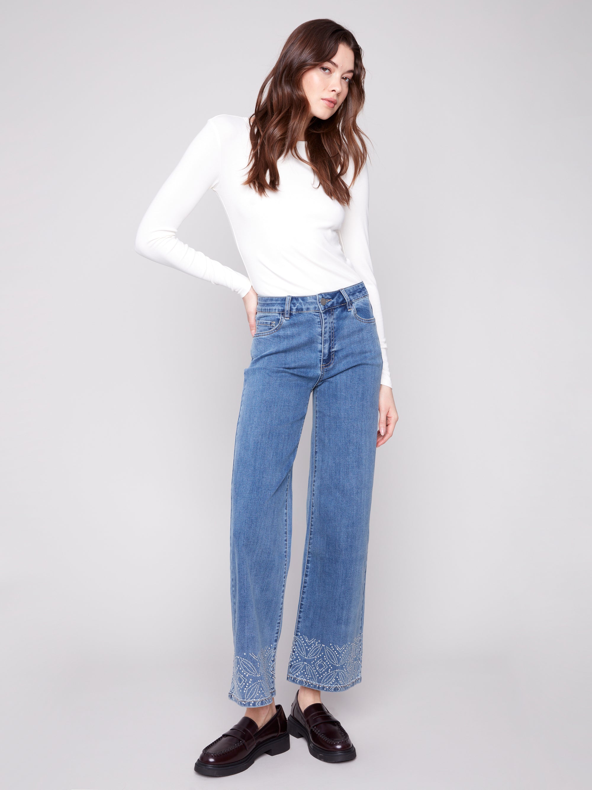 WIDE LEG DENIM | STUDS AT HEM-Denim-CHARLIE B-Coriander