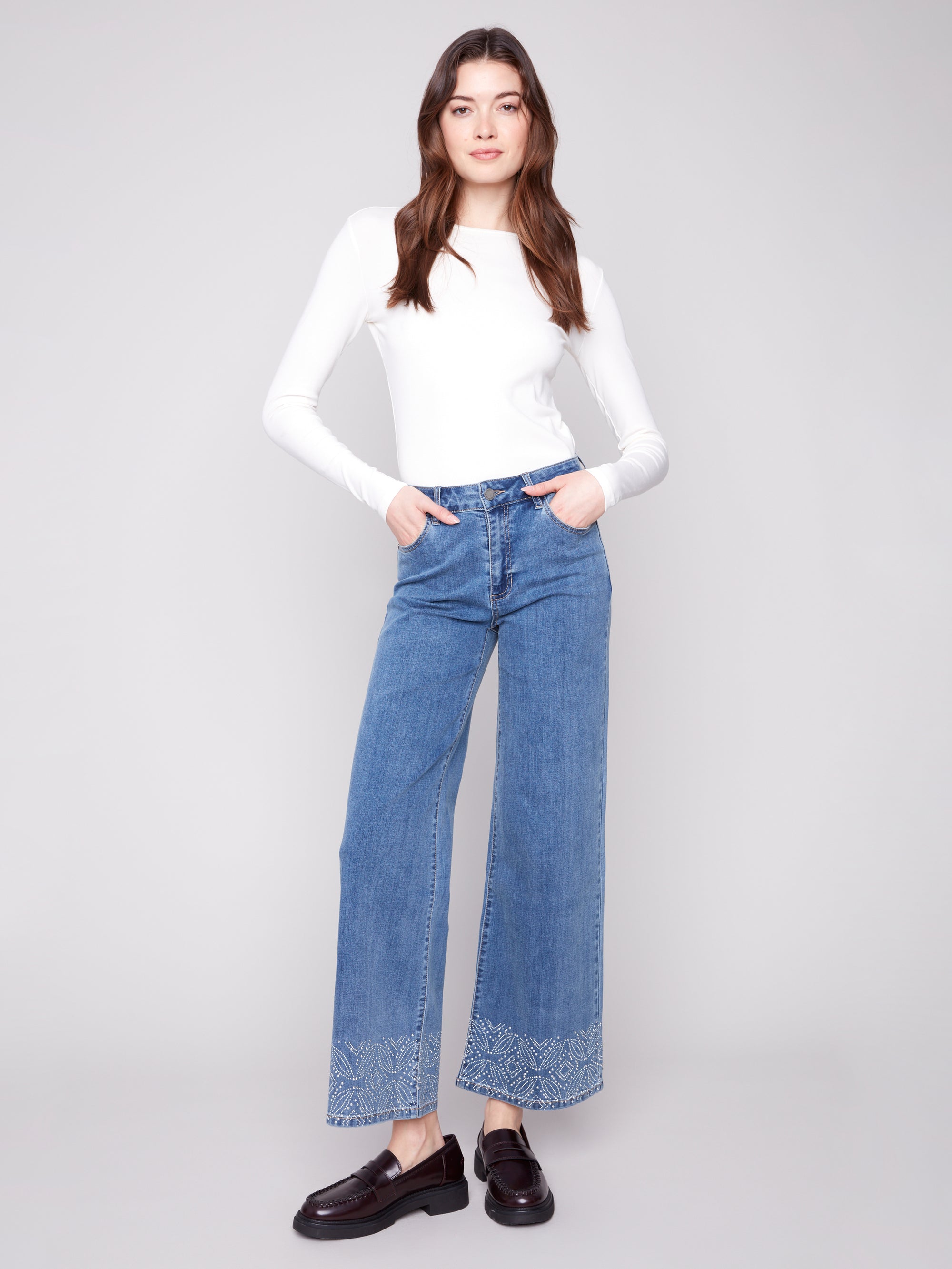 WIDE LEG DENIM | STUDS AT HEM-Denim-CHARLIE B-Coriander