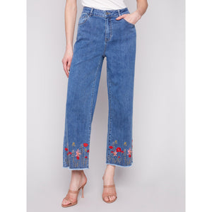 WIDE LEG EMBROIDERED FLOWERS JEAN-Denim-CHARLIE B-4-MEDIUM BLUE-Coriander