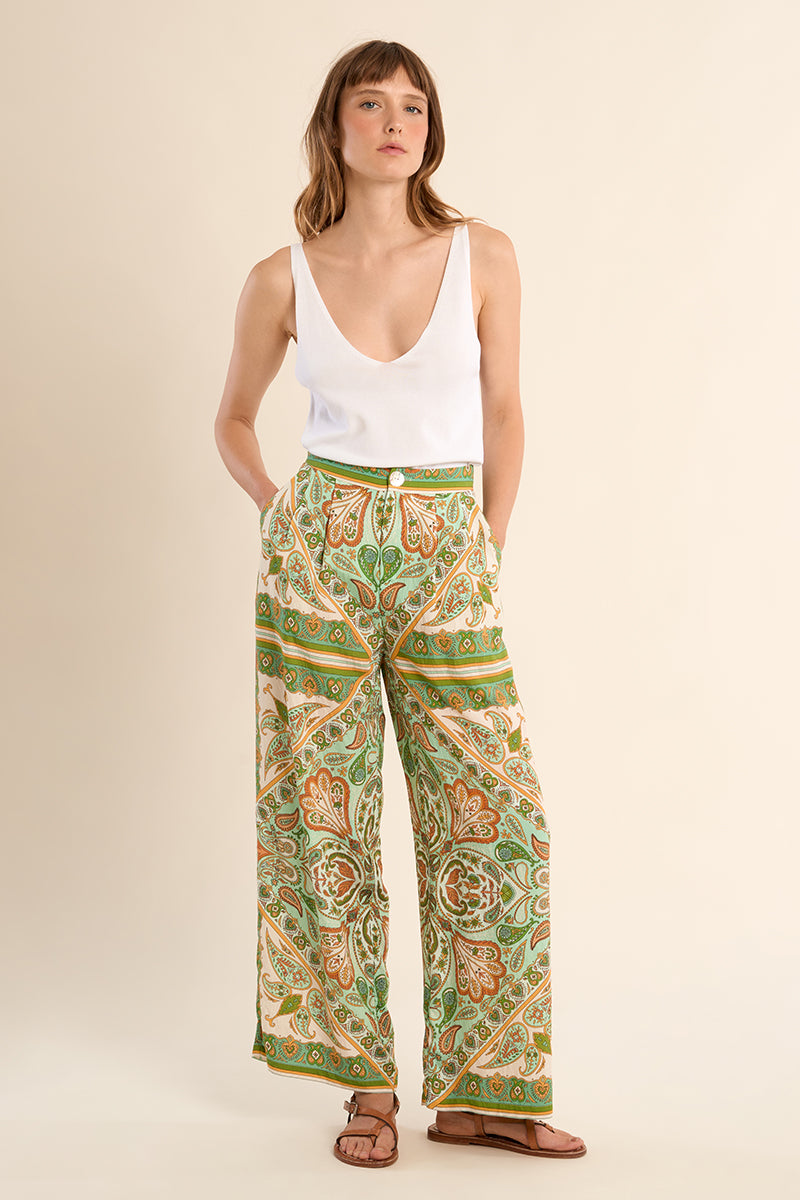 WIDE LEG PANT | SCARF PRINT-Bottom-MOLLY BRACKEN-SMALL-GREEN INES-Coriander