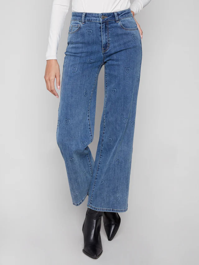 WIDE LEG STRETCH JEANS | EMBOSSED HEARTS-Denim-CHARLIE B-Coriander