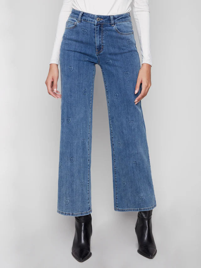 WIDE LEG STRETCH JEANS | EMBOSSED HEARTS-Denim-CHARLIE B-4-DENIM-Coriander