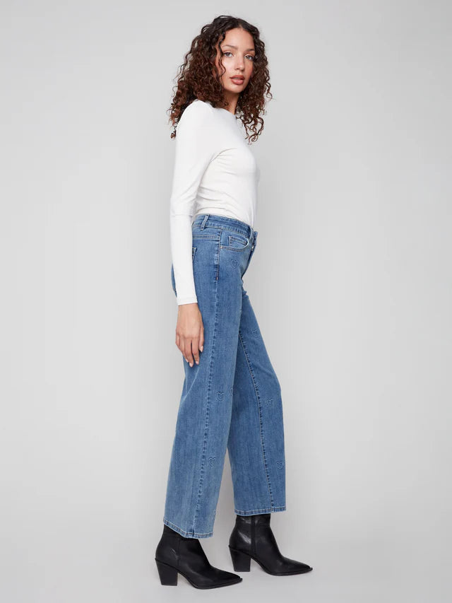 WIDE LEG STRETCH JEANS | EMBOSSED HEARTS-Denim-CHARLIE B-Coriander