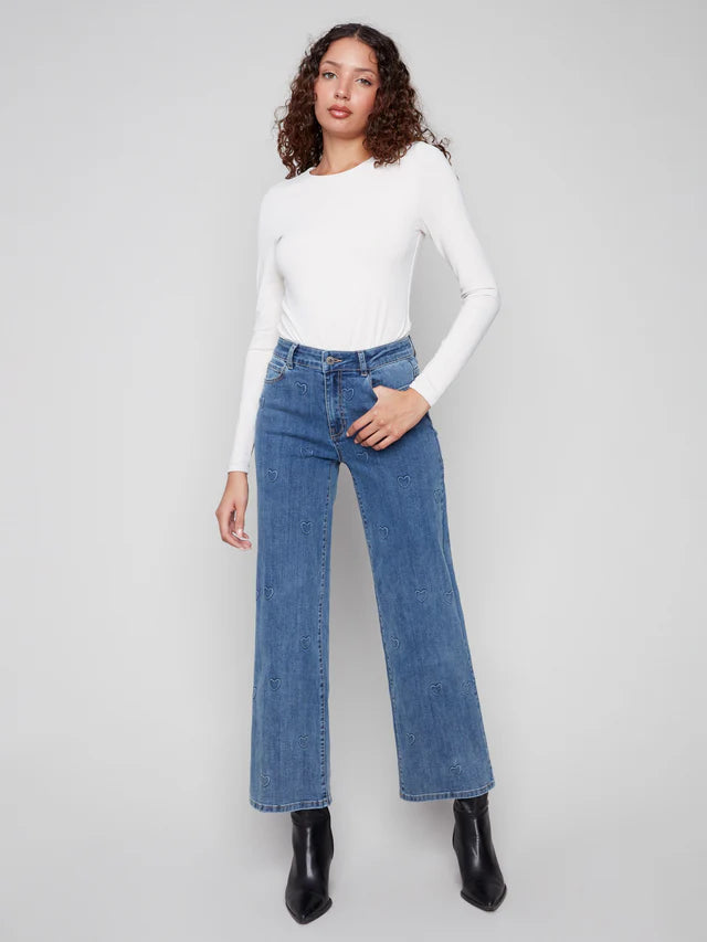 WIDE LEG STRETCH JEANS | EMBOSSED HEARTS-Denim-CHARLIE B-Coriander