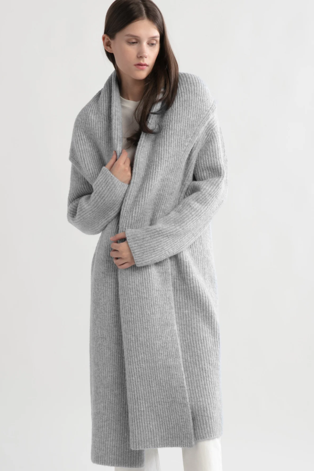 WIDE SHAWL COLLAR LONG CARDI-Jackets & Sweaters-LOOK BY M-LIGHT GREY-Coriander